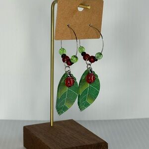 Green Leaf and Red Ladybug Earrings